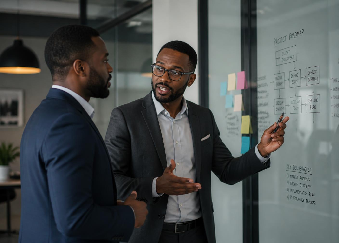 Consultants discussing a project roadmap on a glass wall