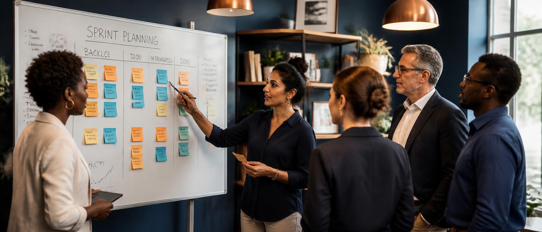 Team using sticky notes and a whiteboard for sprint planning in a modern office
