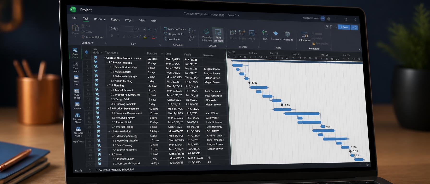 Laptop screen showing a Microsoft Project schedule with Gantt chart and task list